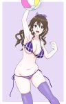  armpits ashigara_(kantai_collection) ball bare_shoulders beachball bikini border breasts brown_eyes brown_hair cleavage commentary_request fang groin hair_between_eyes highres kantai_collection large_breasts long_hair navel osage_gankyou outside_border purple_background side-tie_bikini skindentation swimsuit thighhighs thighs white_border 