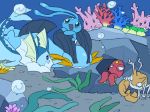  2018 ambiguous_gender amphibian ban bubble coral corsola cute digital_media_(artwork) eeveelution feral group happy hi_res kingler legendary_pok&eacute;mon looking_back male manaphy marine nintendo octillery open_mouth pok&eacute;mon pok&eacute;mon_(species) pok&eacute;mon_mystery_dungeon rock sea seabed seaweed semi-anthro simple_background swampert swimming underwater vaporeon video_games water 