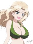  :d artist_name bare_shoulders bikini blonde_hair blue_eyes breasts bukkuri cleavage commentary dated girls_und_panzer green_bikini hair_intakes kay_(girls_und_panzer) large_breasts long_hair looking_at_viewer open_mouth signature simple_background smile solo standing swimsuit upper_body white_background wind 