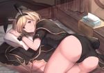  alternate_color animal_ears ass bangs black_cape black_leotard blonde_hair breasts brown_eyes bunny_ears bunny_tail bunnysuit cape commentary_request djeeta_(granblue_fantasy) eyebrows_visible_through_hair fake_animal_ears granblue_fantasy hairband highres leotard light_rays medium_breasts milli_little on_bed pillow sage_(granblue_fantasy) short_hair short_sleeves smile solo sunbeam sunlight tail tissue_box twitter_username wrist_cuffs 