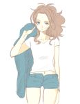  breasts brown_hair canari commentary_request denim denim_shorts jacket jacket_removed long_hair pokemon pokemon_(game) pokemon_bw ponytail shorts solo touko_(pokemon) 