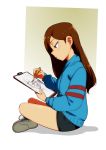  blue_eyes borrowed_character brown_hair clipboard commentary commission drawing from_side highres indian_style jcm2 lisa_loud long_hair original pencil profile shoes short_shorts shorts sitting sketching sneakers solo sweater the_loud_house 