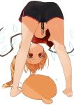  :t artist_name ass bare_legs barefoot black_shorts blonde_hair blush cat commentary crystal flandre_scarlet flat_chest forehead gotoh510 highres long_hair looking_at_viewer looking_through_legs navel orange_cat pointy_ears pout red_eyes red_shirt shirt short_shorts short_sleeves shorts side_ponytail side_slit signature simple_background solo stomach thighs touhou v-shaped_eyebrows white_background wings 