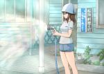  blue_hat blue_shorts brown_eyes brown_hair building casual closed_mouth clothes_writing commentary day girls_und_panzer hat holding hose hose_nozzle long_hair mika_(girls_und_panzer) omachi_(slabco) outdoors print_shirt shirt short_shorts short_sleeves shorts smile solo spraying standing t-shirt translation_request white_shirt 