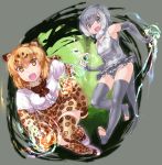  animal_ear_fluff animal_ears animal_print bangs bare_shoulders blonde_hair blue_eyes center_frills elbow_gloves eyebrows_visible_through_hair eyes_visible_through_hair fangs fingerless_gloves fur_collar gloves glowing grey_gloves grey_hair grey_legwear grey_swimsuit jaguar_(kemono_friends) jaguar_ears jaguar_print jaguar_tail kemono_friends long_sleeves no_shoes one-piece_swimsuit open_mouth orange_eyes otter_ears otter_tail print_legwear print_skirt print_sleeves running shirt short_hair short_over_long_sleeves short_sleeves skirt small-clawed_otter_(kemono_friends) smile stone swimsuit tadano_magu tail teeth thighhighs toeless_legwear v-shaped_eyebrows white_shirt 