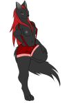  anthro breasts canine clothed clothing cryphalen(artist) female hair long_hair mammal partially_clothed red_eyes red_hair revealing_(disambiguation) shorts smile solo suspenders wolf 