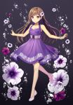  bangs bare_arms bare_shoulders breasts brown_hair cleavage closed_mouth commentary dress earrings english_commentary eyebrows_visible_through_hair flower flower_bracelet grey_background hair_flower hair_ornament jewelry kim_bae-eo long_hair original pleated_dress purple_dress purple_eyes purple_flower shoes sleeveless sleeveless_dress small_breasts smile solo standing standing_on_one_leg very_long_hair white_flower white_footwear 