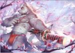  2015 5_fingers abs anthro black_nose canine claws clothed clothing eyes_closed fundoshi japanese_clothing male mammal melee_weapon muscular muscular_male null-ghost outside solo sword topless tree underwear weapon 