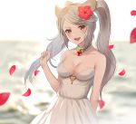  animal_ears bangs bare_arms bare_shoulders blurry blurry_background blurry_foreground braid breasts brown_eyes cleavage collarbone commentary_request depth_of_field dress erune eyebrows_visible_through_hair flower fraux granblue_fantasy hair_flower hair_ornament hibiscus highres long_hair medium_breasts myusha petals red_flower silver_hair solo strapless strapless_dress summer swept_bangs twintails very_long_hair white_dress 