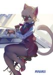  2018 5_fingers anthro bar_stool beverage blonde_hair blue_eyes cat clothing dutch_angle feline female footwear hair hi_res high_heels holding_glass holding_object inside legwear lighting lipstick looking_at_viewer magiace makeup mammal pink_nose shoes short_hair signature sitting skirt smile solo stockings 
