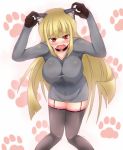  1girl animal_ear_fluff animal_ears arms_up bangs black_choker black_gloves black_legwear blonde_hair blunt_bangs blush breasts choker collarbone covered_navel dress eyebrows_visible_through_hair fang female fox_ears garter_straps gloves grey_dress hanging_breasts highres knees-together_feet_apart lace lace-trimmed_thighhighs large_breasts leaning_forward long_hair long_sleeves looking_at_viewer nipples open_mouth original paw_print_background red_eyes simple_background solo standing tears thighhighs trembling two-tone_background umagoya_mochi 