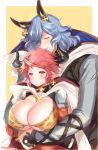  1girl :x animal_ears animal_print bangs black_shirt blue_shirt blush bra breasts brown_bra cape cleavage closed_eyes closed_mouth collarbone commentary_request cow_ears cow_horns cross cross_earrings drang_(granblue_fantasy) draph earrings eno_yukimi erune eyebrows_visible_through_hair facing_viewer gloves granblue_fantasy hair_over_one_eye hood hood_down hooded_cape horns hug hug_from_behind huge_breasts jewelry leopard_print long_hair long_sleeves looking_at_viewer orange_background orange_eyes pointy_ears print_bra red_gloves red_hair shiny shiny_hair shiny_skin shirt short_hair shoulder_armor sidelocks simple_background sleeveless sleeveless_shirt spaulders sturm_(granblue_fantasy) sweatdrop underwear v-shaped_eyebrows white_cape 