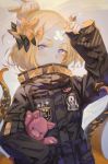  abigail_williams_(fate/grand_order) arm_up bangs black_bow black_jacket blonde_hair blue_eyes blush bow commentary_request covered_mouth crossed_bandaids fate/grand_order fate_(series) hair_bow hair_bun head_tilt heroic_spirit_traveling_outfit hong jacket key long_hair long_sleeves object_hug orange_bow parted_bangs polka_dot polka_dot_bow sleeves_past_fingers sleeves_past_wrists solo star stuffed_animal stuffed_toy teddy_bear tentacles 