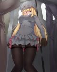  1girl bangs black_gloves black_legwear blonde_hair blunt_bangs blush breasts cabbie_hat cameltoe clenched_teeth covered_navel dress embarrassed eyebrows_visible_through_hair frilled_dress frills from_below gloves gluteal_fold grey_dress grey_hat hat have_to_pee highres indoors jpeg_artifacts knees_together_feet_apart large_breasts long_hair long_sleeves nose_blush original panties panties_under_pantyhose pantyhose parted_lips red_eyes short_dress solo_focus standing sweat teeth thigh_gap thighband_pantyhose train_interior trembling umagoya_mochi underwear upskirt 