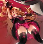  :d akatsuki_yuni armpits bangs bare_shoulders black_gloves black_legwear black_shirt blonde_hair commentary eyebrows_visible_through_hair fang from_below gloves hair_between_eyes hair_ornament hairclip highres long_hair looking_at_viewer looking_down nishiide_kengorou open_mouth parted_bangs partly_fingerless_gloves pleated_skirt purple_skirt red_background red_eyes shirt simple_background skirt sleeveless sleeveless_shirt smile solo thighhighs thighs uni_channel very_long_hair virtual_youtuber zipper_pull_tab 
