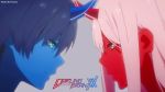  1girl alper57589 artist_name bangs black_hair blue_eyes blue_horns blue_sky commentary copyright couple darling_in_the_franxx english_commentary face-to-face facing_another green_eyes hetero highres hiro_(darling_in_the_franxx) horns long_hair oni_horns pink_hair red_horns red_skin sky wallpaper zero_two_(darling_in_the_franxx) 