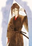  black_hair hakama haori japanese_clothes katana long_hair meleph_(xenoblade) reverse_trap samurai smile solo sword uyumizyunco weapon xenoblade_(series) xenoblade_2 yellow_eyes 