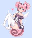  angel_wings animal_ears bare_shoulders black_dress blue_background blue_eyes commentary dog_ears dog_tail dress elin_(tera) gloves hand_to_own_mouth heart highres knees_up lulena open_mouth pink_hair ribbon short_dress short_hair simple_background solo sparkle strapless strapless_dress tail tera_online thighhighs twintails white_gloves white_legwear wings 