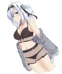  bare_shoulders bikini bikini_skirt black_bikini black_headband breasts cleavage clothes_writing commentary dutch_angle grey_jacket headband jacket kantai_collection long_hair looking_at_viewer one_side_up open_clothes open_jacket see-through silver_hair simple_background solo suzutsuki_(kantai_collection) swimsuit tiasis white_background 