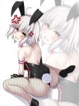  age_regression ahoge anger_vein animal_ears arm_garter arm_support ass bad_id bad_pixiv_id bangs bare_shoulders black_footwear black_gloves black_legwear black_leotard blush bunny_ears bunny_girl bunny_tail bunnysuit clenched_teeth commentary_request detached_collar eyebrows_visible_through_hair eyeliner fake_animal_ears fake_tail fate/apocrypha fate_(series) fishnet_pantyhose fishnets from_above gloves grey_hair hair_between_eyes head_tilt highres jeanne_d'arc_(alter)_(fate) jeanne_d'arc_(fate)_(all) leotard lipstick looking_at_viewer looking_back makeup medium_hair okuri_banto pale_skin pantyhose pink_lipstick shoulder_blades sidelocks sitting solo strapless strapless_leotard tail teeth v-shaped_eyebrows wariza white_background yellow_eyes younger zoom_layer 