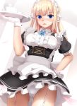  apron ass_visible_through_thighs bangs black_dress blonde_hair blue_eyes blurry blush bow breasts commentary_request cowboy_shot crotch_seam cup depth_of_field dress dutch_angle eto frilled_apron frilled_dress frills garter_straps gloves hand_on_hip hand_up head_tilt highres holding holding_tray looking_at_viewer maid maid_headdress medium_breasts open_mouth original panties pantyshot petals puffy_short_sleeves puffy_sleeves short_sleeves sidelocks solo sweatdrop tray two_side_up underbust underwear white_gloves white_panties 