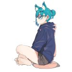  animal_ear_fluff animal_ears barefoot black_shorts blue_eyes blue_hair blue_hoodie cat_ears cigarette commentary_request crossed_legs cushion earrings eir_(machi) extra_ears feet from_side hair_ornament hairclip highres hood hood_down jewelry long_sleeves machi_(wm) mouth_hold original ponytail shorts simple_background sitting soles solo sunglasses toes white_background 