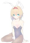  alice_margatroid animal_ears arm_support bangs bare_arms bare_shoulders blonde_hair blue_eyes blush breasts brown_legwear bunny_day bunny_ears bunny_girl bunnysuit collarbone commentary_request covered_navel fake_animal_ears gradient_hair hair_between_eyes hairband looking_at_viewer medium_breasts multicolored_hair nirap no_shoes pantyhose red_hairband shiny shiny_legwear shiny_skin short_hair simple_background sitting solo thighs touhou wariza white_background wrist_cuffs 
