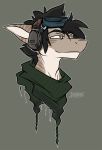  2018 anthro black_hair brown_eyes bust_(disambiguation) clothed clothing digital_media_(artwork) discardingsabot earmuffs eyewear feranta fish goggles hair half-closed_eyes male marine sabot_sauer scalie scarf shark shemagh simple_background smile solo tiger_shark 