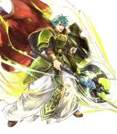  aqua_eyes armor axe battle_axe boots brown_footwear cape commentary cosplay energy ephraim fado_(fire_emblem) fado_(fire_emblem)_(cosplay) fire_emblem fire_emblem:_seima_no_kouseki fire_emblem_heroes full_armor full_body green_armor green_hair highres holding holding_axe holding_shield loincloth male_focus official_art open_mouth pants red_cape robe serious shield short_hair shoulder_armor solo teeth transparent_background undershirt wada_sachiko weapon white_robe 