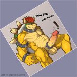  2018 agito-savra_(artist) anthro armlet balls belly biceps big_muscles big_penis bowser bracelet circumcised claws cock_ring collar erection eyebrows green_skin hair hi_res horn humanoid_penis jewelry koopa lizard looking_at_viewer male mario_bros musclegut muscular navel nintendo nude overweight pecs penis red_eyes reptile scalie shell simple_background sitting smile smirk solo spiked_armlet spiked_bracelet spiked_collar spikes teeth thick_penis turtle video_games yellow_skin 