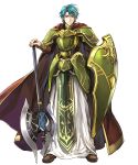  aqua_eyes armor axe battle_axe boots brown_footwear cape commentary cosplay ephraim fado_(fire_emblem) fado_(fire_emblem)_(cosplay) fire_emblem fire_emblem:_seima_no_kouseki fire_emblem_heroes full_armor full_body green_armor green_hair highres holding_shield loincloth male_focus official_art pants red_cape robe shield short_hair shoulder_armor smile solo transparent_background undershirt wada_sachiko weapon white_robe 