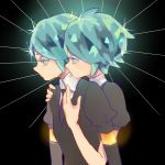  ainley androgynous colored_eyelashes crystal_hair dual_persona elbow_gloves gem_uniform_(houseki_no_kuni) gloves glowing glowing_hair golden_arms green_eyes green_hair highres houseki_no_kuni hug hug_from_behind multiple_others necktie phosphophyllite short_hair upper_body 