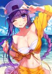  ;p absurdres bandeau bangs bb_(fate)_(all) bb_(swimsuit_mooncancer)_(fate) beach blue_sky blush braid breasts cleavage cloud collarbone commentary day eyebrows_visible_through_hair fate/grand_order fate_(series) hat highres long_hair looking_at_viewer medium_breasts navel ocean one_eye_closed purple_eyes purple_hair single_braid sky solo star tongue tongue_out user_fvsd2278 v white_hat 