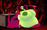  alien belly big_belly big_breasts box breasts clothing dunennite female footwear green_skin hair huge_breasts humanoid hyper hyper_belly hyper_breasts legwear nipples not_furry red_eyes shoes skirt skullman777 socks solo tentacles text wander_over_yonder white_hair 