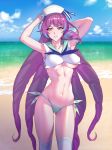  arms arms_up bare_shoulders beach bikini blue_sky breasts commentary_request day don_(rg06268) hat highres large_breasts long_hair looking_at_viewer macross macross_delta mikumo_guynemer multicolored_hair navel ocean outdoors purple_hair red_eyes sailor_bikini sailor_collar sailor_hat shiny shiny_hair shiny_skin sky smile solo standing swimsuit thighhighs two-tone_hair very_long_hair water white_bikini white_legwear 