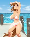  2018 absurd_res aisuroma anthro bikini breasts brown_hair camel_toe clothed clothing cloud detailed_background earth_pony equine fan_character female fun_fact_(oc) hair hand_behind_head hat hi_res hooves horse mammal my_little_pony navel outside pier pony portrait red_eyes sea seaside sky smile solo standing sun_hat swimsuit water 