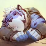  2016 anthro black_nose blue_fur clothed clothing eyes_closed feline fur low_res male maltese_tiger mammal muscular muscular_male null-ghost sleeping solo striped_fur stripes tiger white_fur 