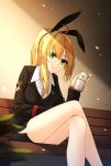  ahoge beer_can bench black_skirt black_suit blonde_hair can commentary crossed_legs formal green_eyes healther long_hair looking_at_viewer original pencil_skirt ponytail shirt skirt smile solo suit uniform white_shirt 