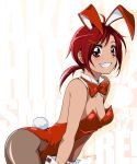  2018 ahoge animal_ears background_text bare_shoulders black_legwear bow bowtie breasts bunny_ears bunny_tail bunnysuit character_name cleavage commentary_request copyright_name cowboy_shot detached_collar fake_animal_ears fake_tail hair_ornament hair_tie highleg highleg_leotard hino_akane_(smile_precure!) kitano_tomotoshi leaning_forward leotard long_hair low_ponytail medium_breasts pantyhose precure red_bow red_eyes red_hair red_leotard red_neckwear smile_precure! solo strapless strapless_leotard tail twitter_username two-tone_background wrist_cuffs x_hair_ornament 
