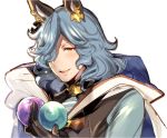  :d animal_ears ball black_gloves black_shirt blue_hair blue_shirt blush buckle cape commentary_request cross cross_earrings drang_(granblue_fantasy) earrings eno_yukimi erune eyebrows_visible_through_hair gloves granblue_fantasy hair_over_one_eye holding holding_ball hood hood_down hooded_cape jewelry looking_at_viewer male_focus medium_hair open_mouth shiny shiny_hair shirt simple_background sleeveless sleeveless_shirt smile solo upper_body wavy_hair white_background white_cape yellow_eyes 