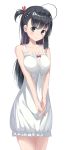  absurdres ahoge bangs bare_arms bare_shoulders black_eyes black_hair blush bow breasts closed_mouth collarbone commentary_request cowboy_shot dress eyebrows_visible_through_hair frills frown hair_ribbon head_tilt highres kimyo looking_at_viewer medium_breasts one_side_up original own_hands_together pajamas red_bow red_ribbon ribbon single_sidelock sleeveless sleeveless_dress solo 