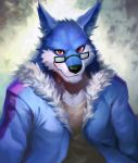  2014 anthro black_nose blue_fur canine clothed clothing eyewear fur glasses male mammal multicolored_fur null-ghost red_eyes solo two_tone_fur white_fur wolf 