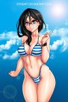  1girl 2015 bikini black_hair blue_bikini blue_eyes blue_sky breasts cleavage collarbone glasses hair_between_eyes hibike!_euphonium highleg highleg_bikini highres large_breasts lens_flare lips long_hair navel over-rim_eyewear r3ydart red-framed_eyewear semi-rimless_eyewear sky smile solo standing striped striped_bikini swimsuit tanaka_asuka thick_thighs thighs watch watermark web_address wristwatch 