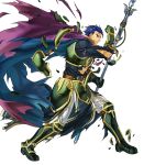  abs arm_belt armor attack bared_teeth belt blue_eyes blue_hair broken_armor cape commentary cosplay cuts damaged fire_emblem fire_emblem:_rekka_no_ken fire_emblem_heroes full_armor full_body gauntlets greaves green_armor hector_(fire_emblem) highres holding holding_spear holding_weapon injury kita_senri lips loincloth male_focus multiple_belts official_art pants polearm purple_cape shirt shoulder_armor spear sweatdrop torn_cape torn_clothes torn_shirt transparent_background undershirt uther_(fire_emblem) uther_(fire_emblem)_(cosplay) weapon white_pants 