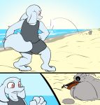  2015 alien anthro avian beach bird canine clothed clothing comic digital_media_(artwork) duo female feral floppy_ears fluffy fluffy_tail fully_clothed imminent_murder lagotrope mammal neumono outside polo sand scared sea seaside sharp_teeth sky teeth throwing water 