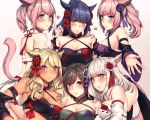  animal_ears aqua_eyes aruma_jiki black_hair blonde_hair blush breasts cleavage cropped dark_skin final_fantasy final_fantasy_xiv green_eyes group long_hair miqo&#039;te navel pink_hair purple_eyes tail thighhighs twintails white_hair 