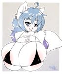  2018 anthro areola big_breasts blue_eyes blue_hair border breasts canine digital_media_(artwork) ep777 fangs female hair hi_res huge_breasts looking_at_viewer mammal nipple_bulge open_mouth signature simple_background solo wolf 