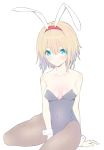  alice_margatroid animal_ears arm_support bangs bare_arms bare_shoulders blonde_hair blue_eyes blush breasts brown_legwear bunny_day bunny_ears bunny_girl bunnysuit collarbone commentary_request covered_navel fake_animal_ears gradient_hair hair_between_eyes hairband looking_at_viewer medium_breasts multicolored_hair nirap no_shoes pantyhose red_hairband shiny shiny_legwear shiny_skin short_hair simple_background sitting solo thighs touhou wariza white_background wrist_cuffs 
