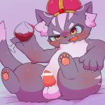  2017 alcohol anthro balls beverage blush cat censor_bar chibi claws crown cute_fangs digital_media_(artwork) dipstick_tail erection feline fur hi_res holding_glass holding_object kemono male mammal multicolored_tail naughty_face nude open_mouth pawpads penis sitting smile solo striped_fur stripes wine wine_glass みぜる 