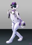  2018 3_fingers 3_toes animate_inanimate anthro black_hair black_nose bulge canine collar digital_drawing_(artwork) digital_media_(artwork) dog drone english_text hair hi_res inflatable leash littleorion living_inflatable male mammal markings multicolored_hair nozzle nude pool_toy purple_collar purple_hair rubber schizy shiny simple_background solo text toes two_tone_hair vinyl 